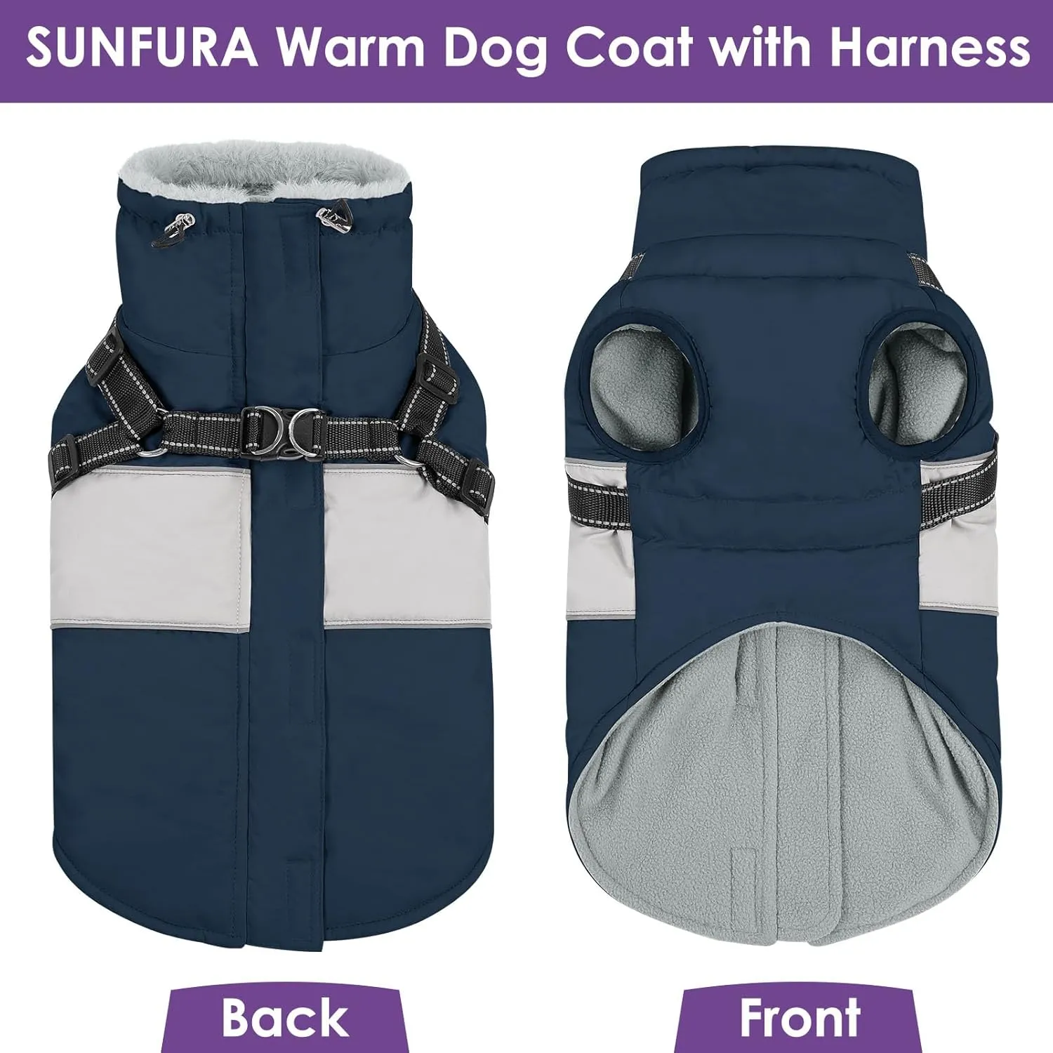 SUNFURA Dog Winter Coat, Waterproof Dog Coat Jacket with Harness for Medium Breeds Boys Girls, Reflective Fleece Lined Pet Snow Jacket Sweaters for Pug, Jack Russel, Boston Terrier, Navy Blue M