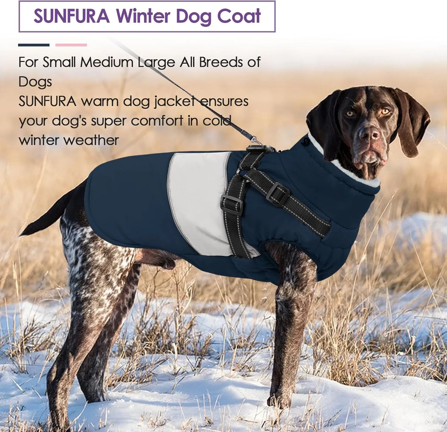 SUNFURA Dog Winter Coat, Waterproof Dog Coat Jacket with Harness for Medium Breeds Boys Girls, Reflective Fleece Lined Pet Snow Jacket Sweaters for Pug, Jack Russel, Boston Terrier, Navy Blue M