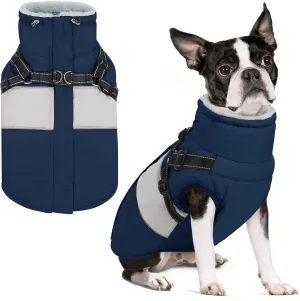 SUNFURA Dog Winter Coat, Waterproof Dog Coat Jacket with Harness for Medium Breeds Boys Girls, Reflective Fleece Lined Pet Snow Jacket Sweaters for Pug, Jack Russel, Boston Terrier, Navy Blue M