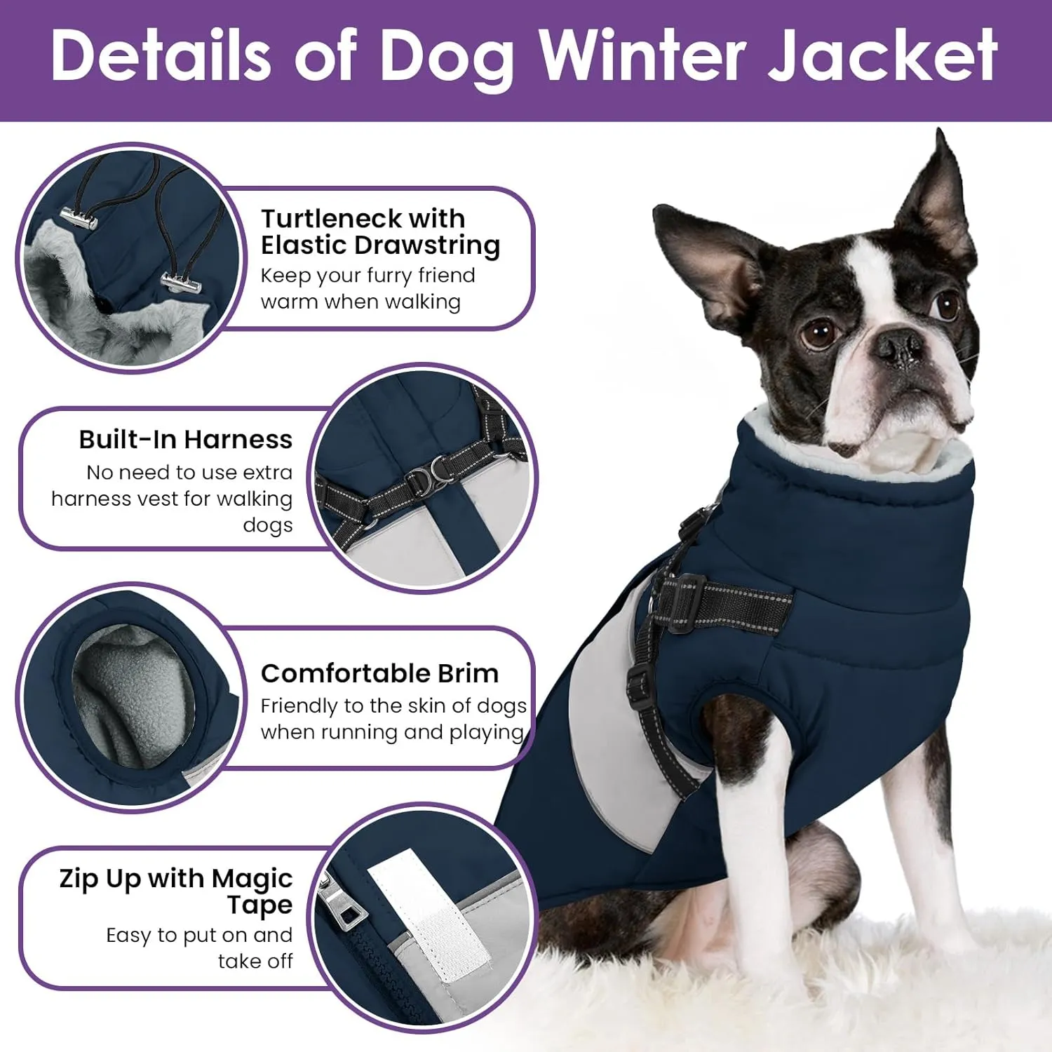 SUNFURA Dog Winter Coat, Waterproof Dog Coat Jacket with Harness for Medium Breeds Boys Girls, Reflective Fleece Lined Pet Snow Jacket Sweaters for Pug, Jack Russel, Boston Terrier, Navy Blue M