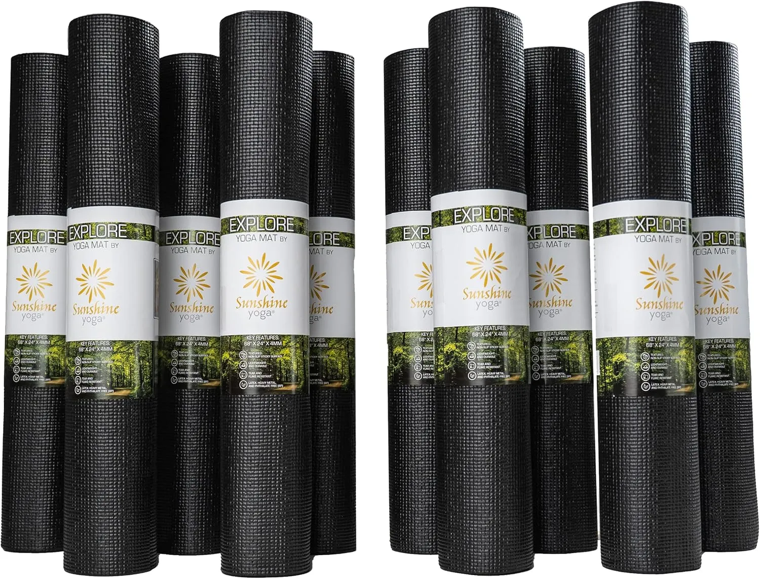 Sunshine Yoga 10-Pack Explore Yoga Mat, 68" x 24" Exercise Mat, 4mm Thick Non Slip Workout Mat, Anti-Tear Gym Mat, Bulk Yoga Mats for Home Workout or Studio