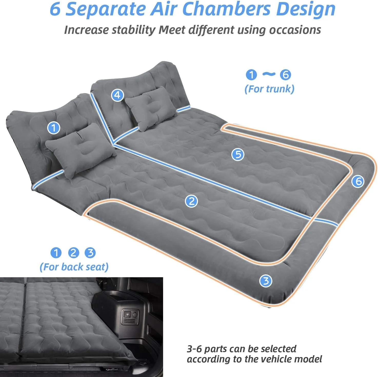 SUV Air Mattress, Inflatable Car Bed with Electric Pump and Pillow, Flocking Surface, Camping Sleeping Pad for Travel SUV Sedan Back Seat Trunk Tent Chevy Jeep Wrangler Toyota Honda Civic (Black)