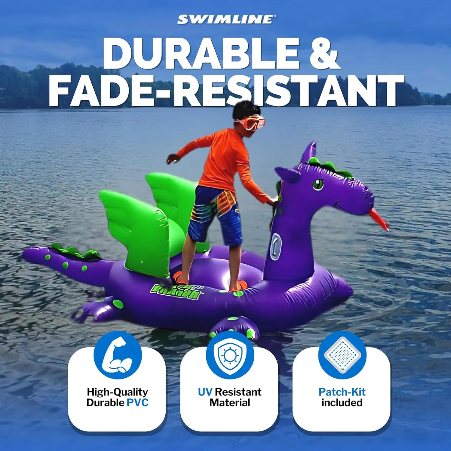 SWIMLINE ORIGINAL 90625 Giant Inflatable Sea Dragon Pool Float | Unique Ride-On Raft with Stable Wings & Legs | Lounge Floatie Perfect for Poolside Relaxation
