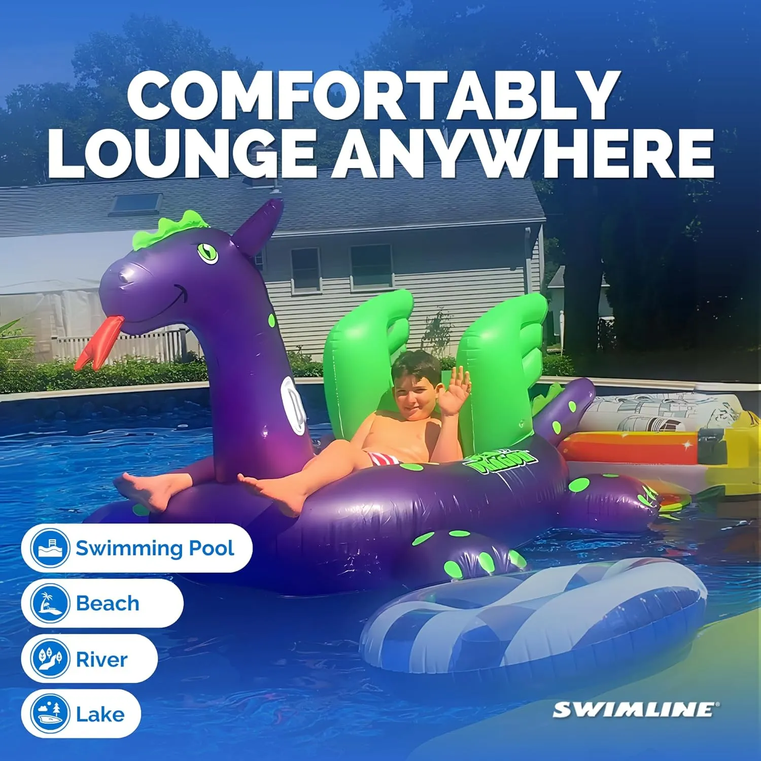 SWIMLINE ORIGINAL 90625 Giant Inflatable Sea Dragon Pool Float | Unique Ride-On Raft with Stable Wings & Legs | Lounge Floatie Perfect for Poolside Relaxation