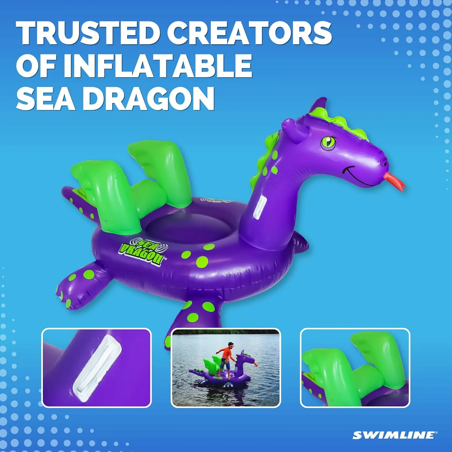 SWIMLINE ORIGINAL 90625 Giant Inflatable Sea Dragon Pool Float | Unique Ride-On Raft with Stable Wings & Legs | Lounge Floatie Perfect for Poolside Relaxation