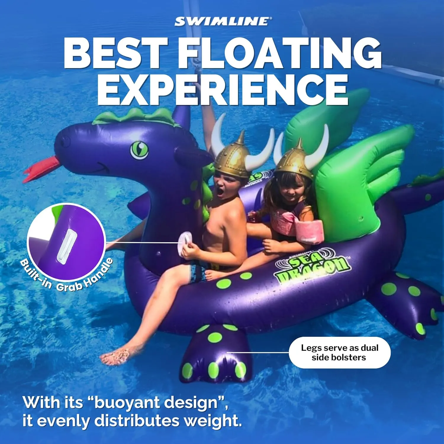 SWIMLINE ORIGINAL 90625 Giant Inflatable Sea Dragon Pool Float | Unique Ride-On Raft with Stable Wings & Legs | Lounge Floatie Perfect for Poolside Relaxation
