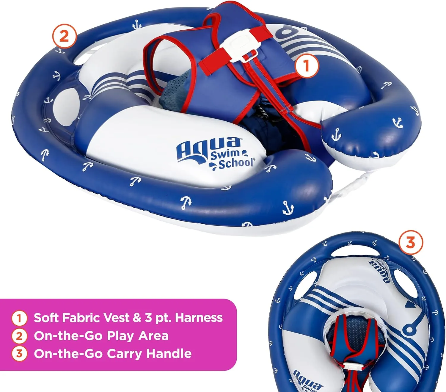 SwimSchool Freestyle Swimmer Baby Pool Float with Multi-Position, Adjustable Safety Seat, Free Swimming, Dual Air Chambers Safe, Red-White-Blue Nautical