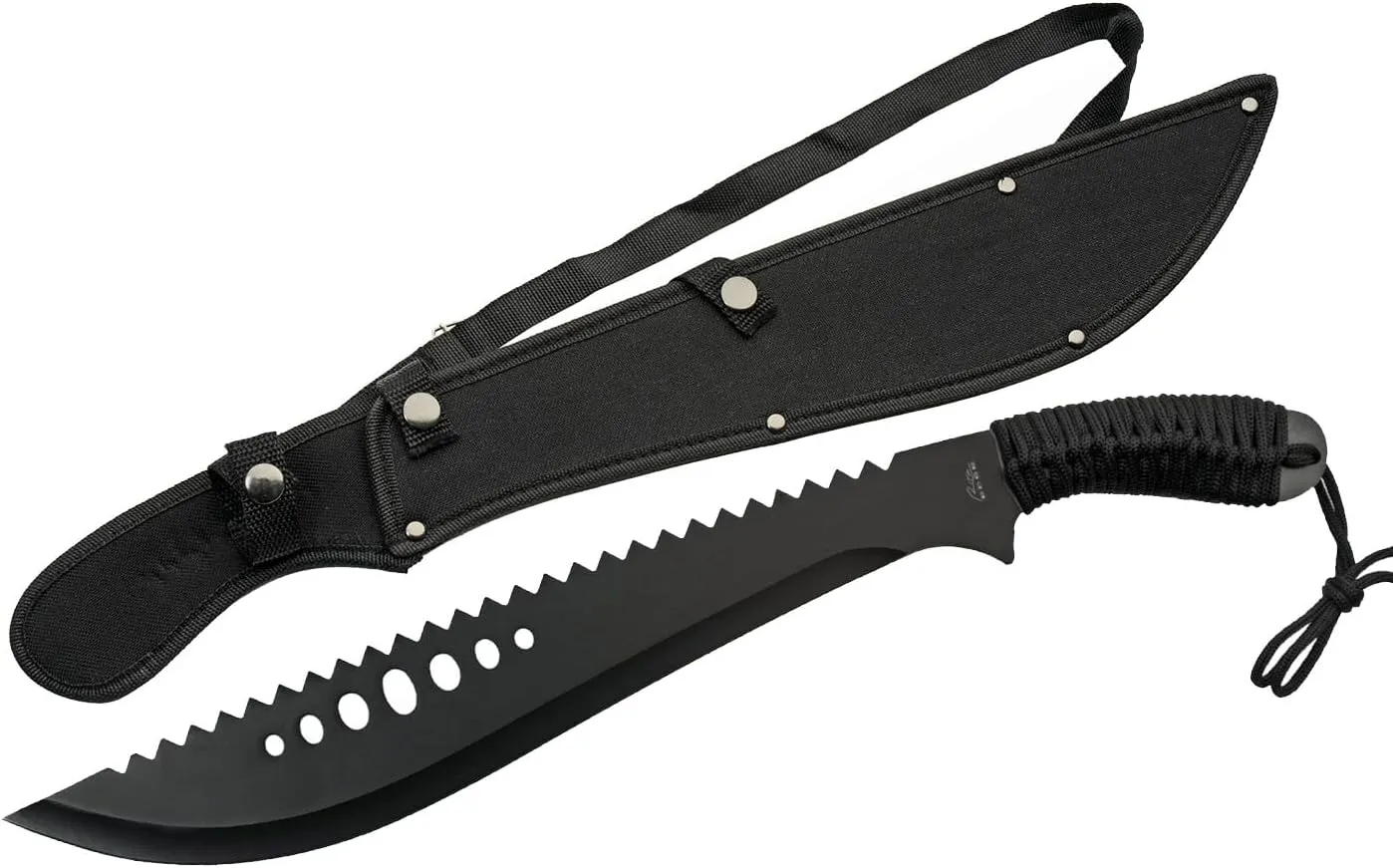 Szco Supplies 21” Full-Tang Curved Sawback Machete with Cord-Wrapped Handle, 420 Stainless Steel Blade, and Nylon Sheath for Camping, Hiking, and Survival