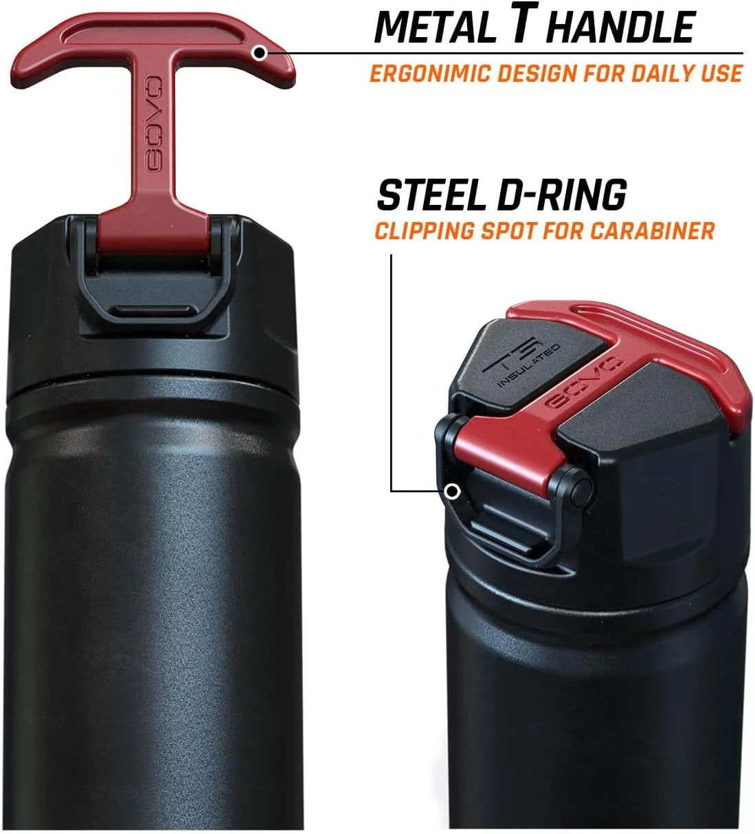 T5 Bottle, Vacuum Insulated, Magnetic Handle, Stainless Steel with Surround Insulated Lid (Black/Red, 24 oz)