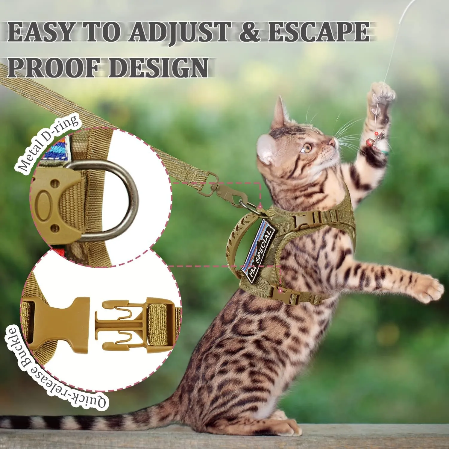 Tactical Cat Harness and Leash for Walking Esacpe Proof,Adjustable Soft Mesh Large Cat Vest with Rubber Handle Easy to Control,Molle Patches