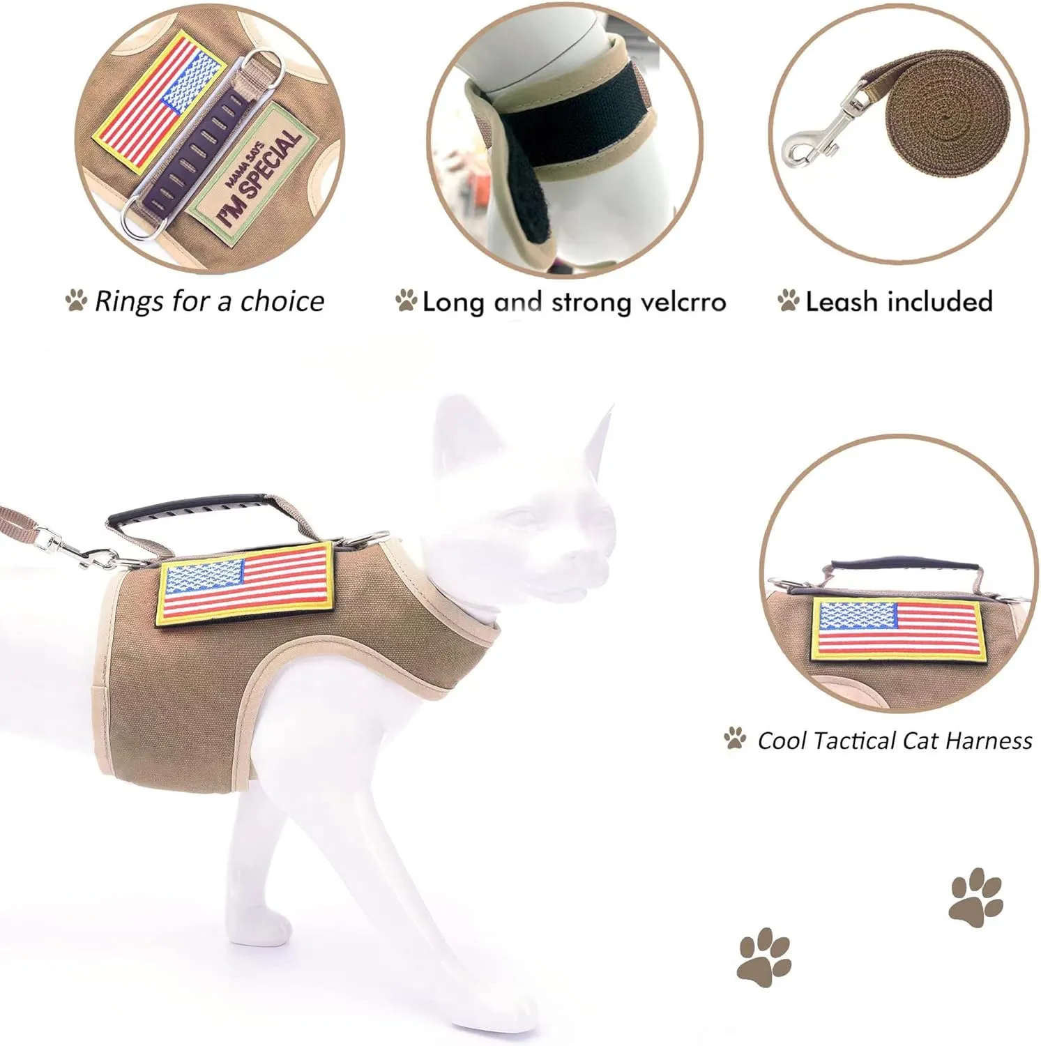 Tactical Cat Harness and Leash for Walking Escape Proof, Adjustable Cat Walking Jackets, Padded Stylish Cat Vest, Khaki, XX-Large