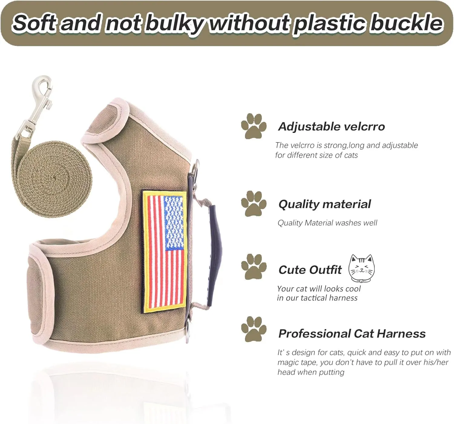 Tactical Cat Harness and Leash for Walking Escape Proof, Adjustable Cat Walking Jackets, Padded Stylish Cat Vest, Khaki, XX-Large