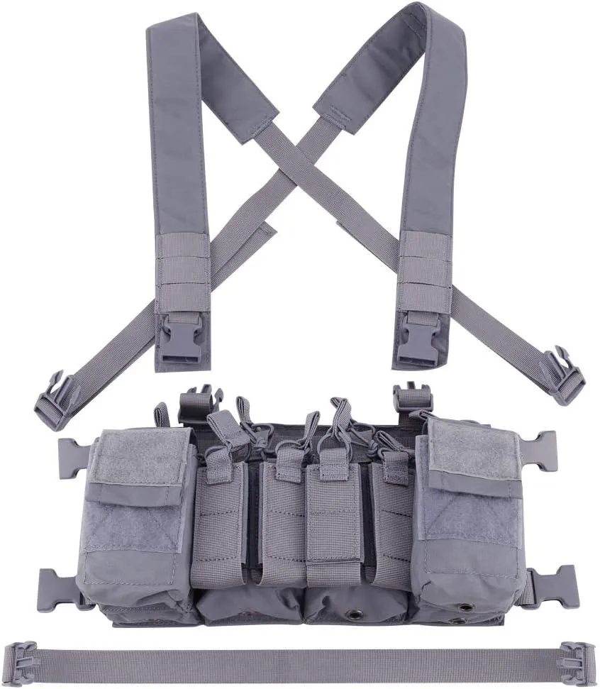 Tactical Chest Vest Rig Adjustable X Harness with 5.56 9mm Rifle Mag Pouches for Airsoft Shooting Wargame Paintball