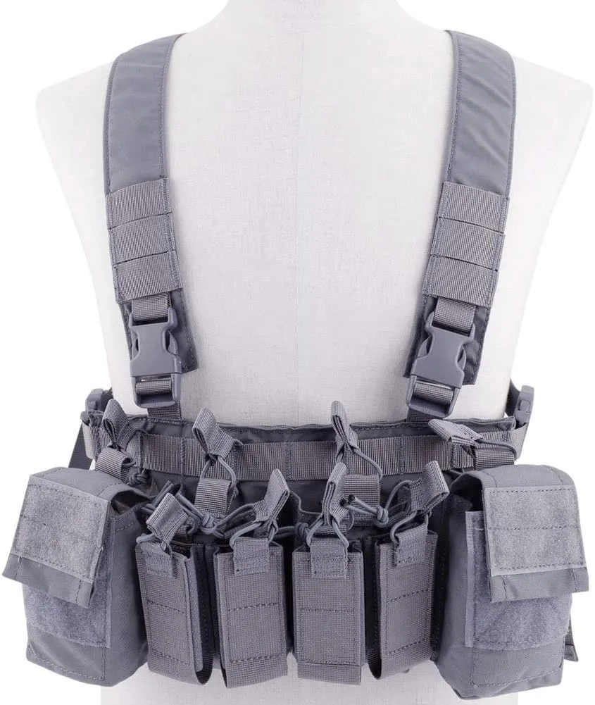 Tactical Chest Vest Rig Adjustable X Harness with 5.56 9mm Rifle Mag Pouches for Airsoft Shooting Wargame Paintball