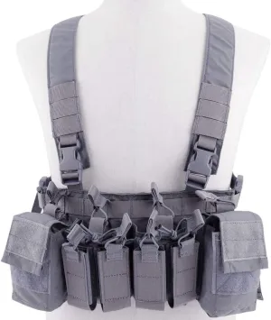 Tactical Chest Vest Rig Adjustable X Harness with 5.56 9mm Rifle Mag Pouches for Airsoft Shooting Wargame Paintball