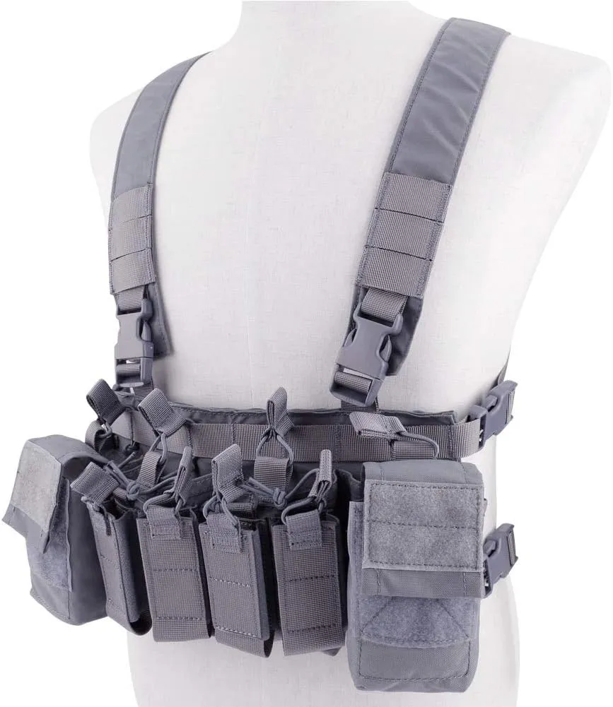 Tactical Chest Vest Rig Adjustable X Harness with 5.56 9mm Rifle Mag Pouches for Airsoft Shooting Wargame Paintball