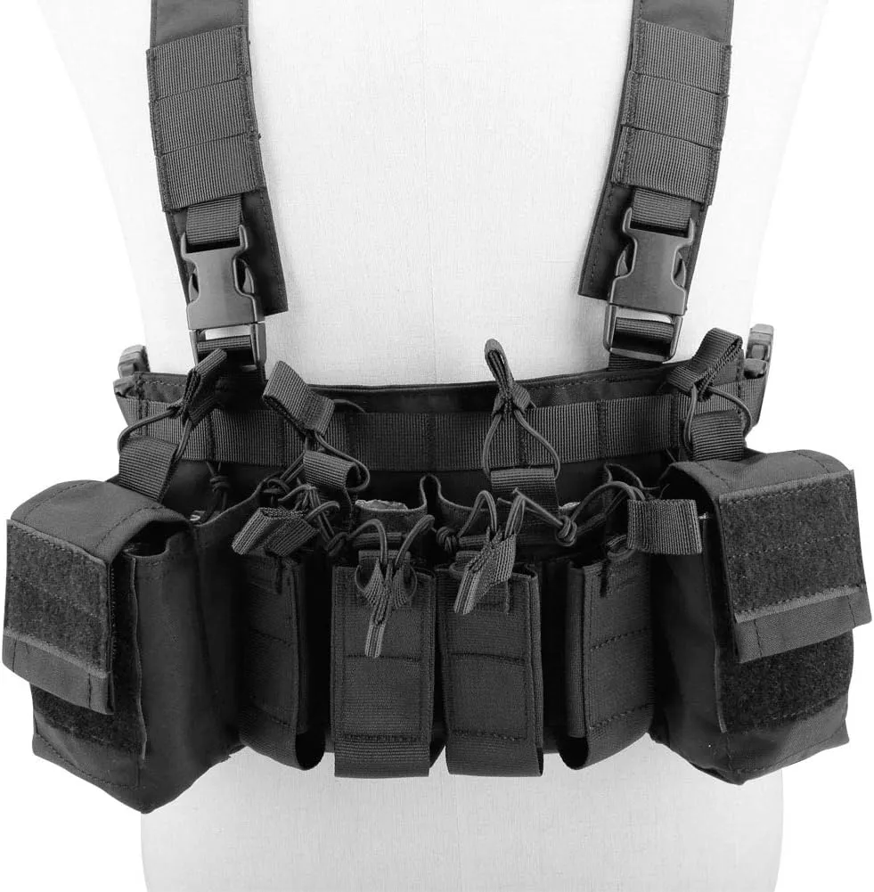 Tactical Chest Vest Rig Adjustable X Harness with 5.56 9mm Rifle Mag Pouches for Airsoft Shooting Wargame Paintball