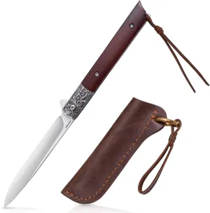 Tactical Knife, Small Pocket Folding Knife with Lanyard & Sheath, D2 Steel Blade, Liner Lock and Red Sandalwood Handle for Outdoor, Survival, Camping, Hunting and EDC