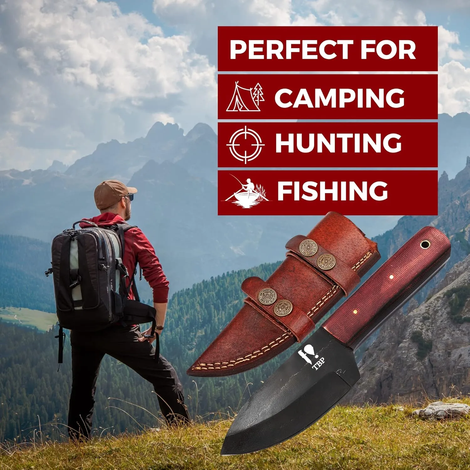 TBP Knives Handmade Carbon Steel Hunting Knife Perfect Tactical Gear For Men Ideal For Skinning, Fishing, Camping, Outdoor - Fixed Blade Bushcraft Knife With Belt Loop Sheath