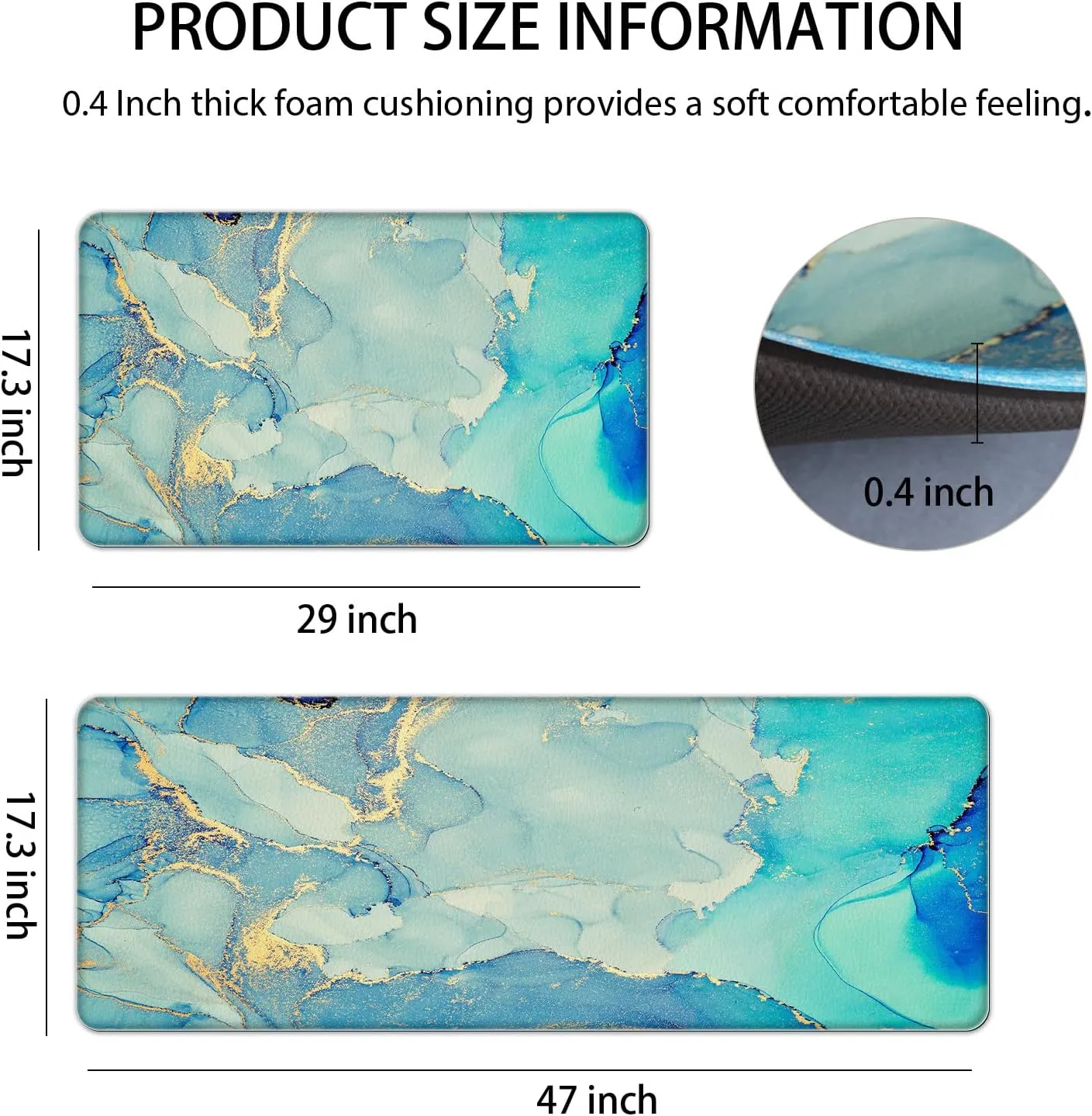 Teal Kitchen Mats Cushioned Anti Fatigue, Gold Marble Kitchen Rugs Set of 2 Non Slip Waterproof Comfort Memory Foam Kitchen Standing Mats for Floor Laundry Room, Office, Sink