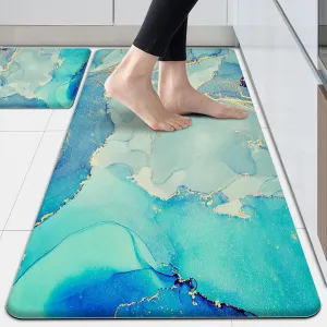 Teal Kitchen Mats Cushioned Anti Fatigue, Gold Marble Kitchen Rugs Set of 2 Non Slip Waterproof Comfort Memory Foam Kitchen Standing Mats for Floor Laundry Room, Office, Sink