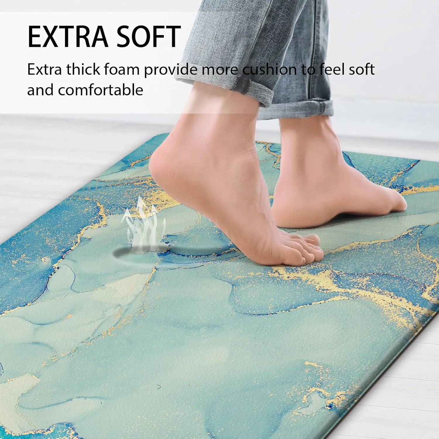 Teal Kitchen Mats Cushioned Anti Fatigue, Gold Marble Kitchen Rugs Set of 2 Non Slip Waterproof Comfort Memory Foam Kitchen Standing Mats for Floor Laundry Room, Office, Sink
