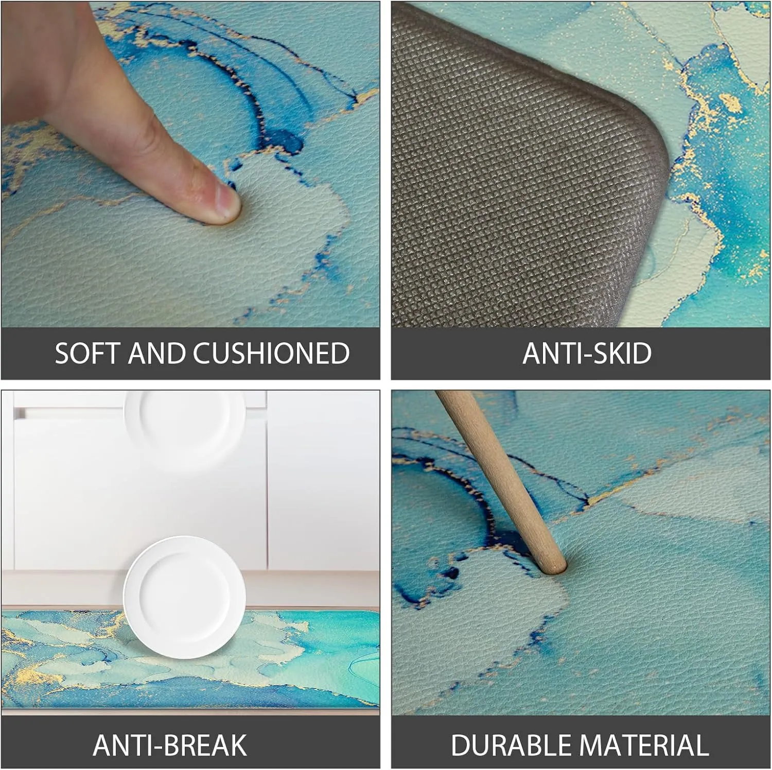 Teal Kitchen Mats Cushioned Anti Fatigue, Gold Marble Kitchen Rugs Set of 2 Non Slip Waterproof Comfort Memory Foam Kitchen Standing Mats for Floor Laundry Room, Office, Sink