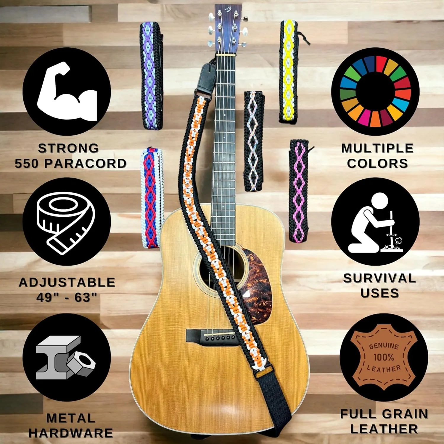 Ten Point Gear® 550 Paracord Guitar Strap - Full Grain Leather Ends for Music Playing Comfort, Stability, and Durability.