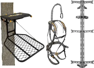 The Boss Wide Stance Hang-On Hunting Tree Stand Platform w/Ambush Padded Safety Harness & Hawk Helium Set of 3 Climbing Sticks w/Fold-Up Steps