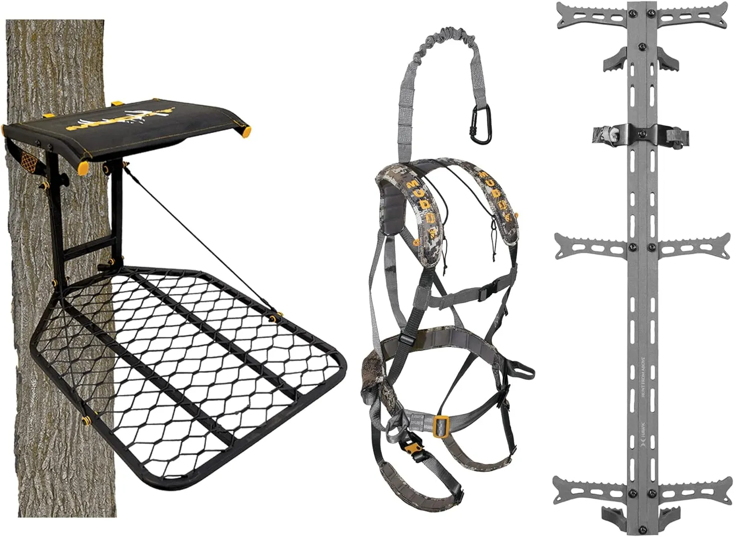 The Boss Wide Stance Hang-On Hunting Tree Stand Platform w/Ambush Padded Safety Harness & Hawk Helium Set of 3 Climbing Sticks w/Fold-Up Steps