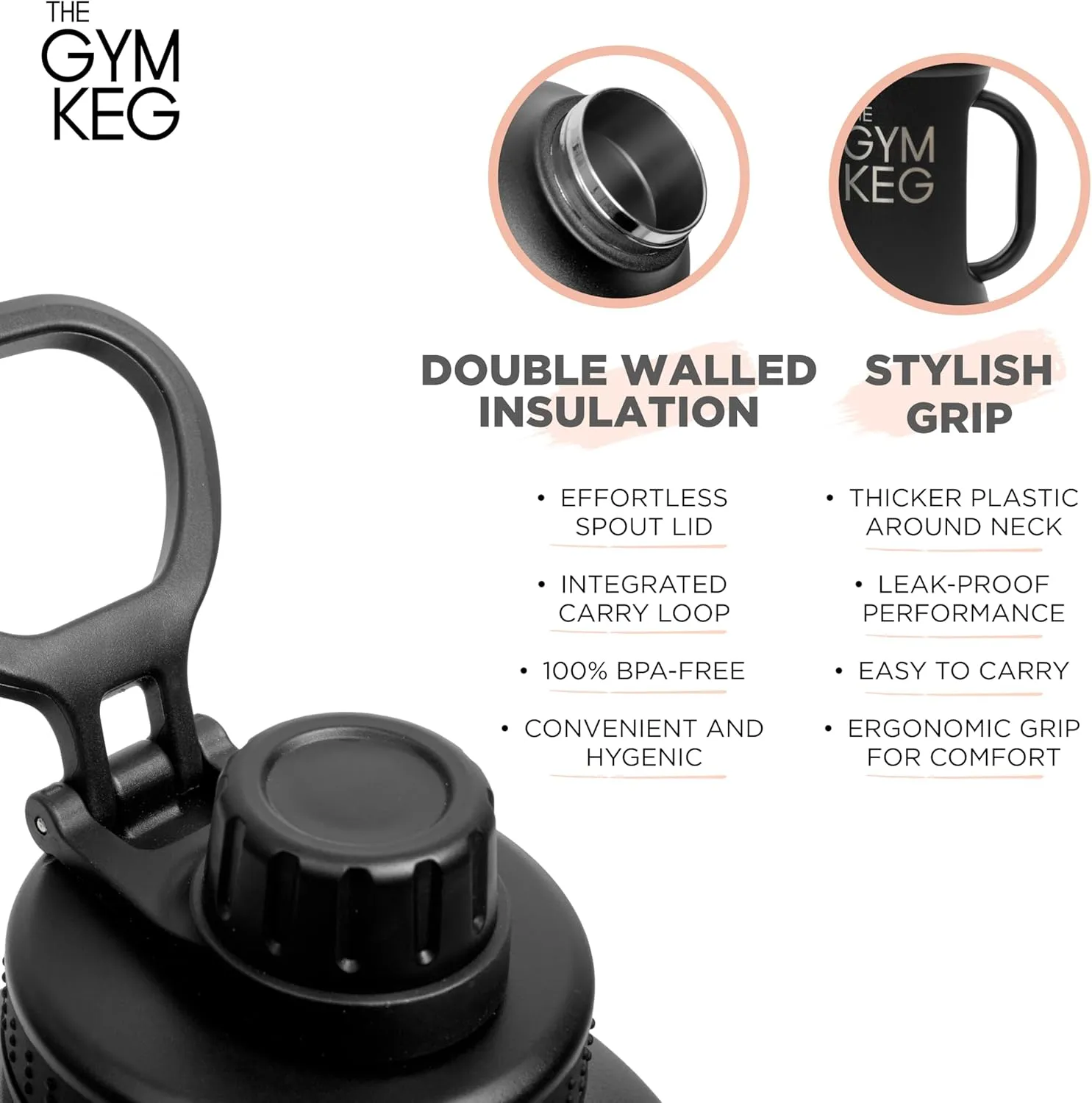 The Gym Keg Insulated Water Bottle - 64 oz Large Capacity - 24 Hrs Cold, 12 Hrs Warm - Wide Mouth - Stainless Steel - Sturdy with Handle - Metal Water Bottle - Black