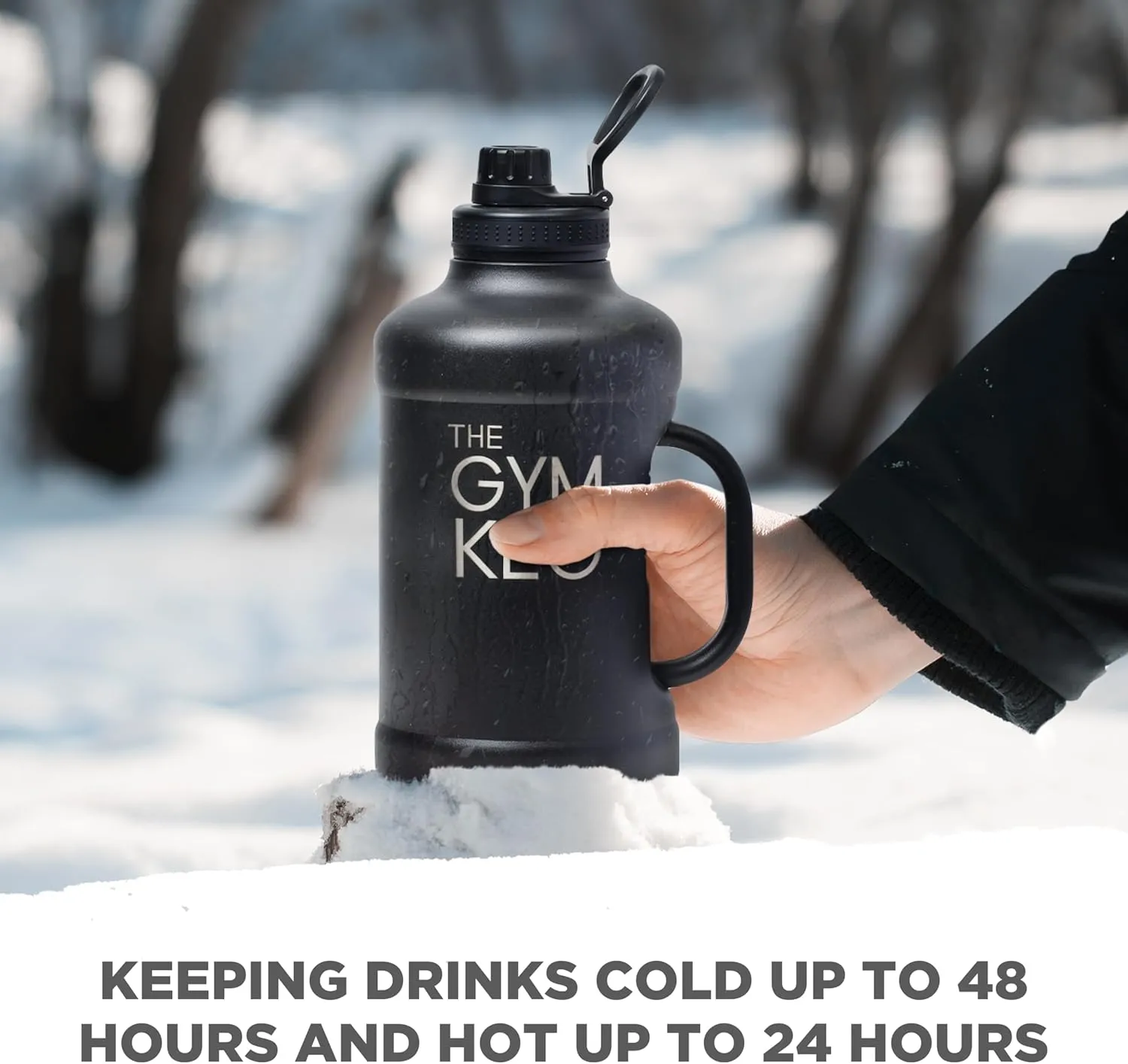 The Gym Keg Insulated Water Bottle - 64 oz Large Capacity - 24 Hrs Cold, 12 Hrs Warm - Wide Mouth - Stainless Steel - Sturdy with Handle - Metal Water Bottle - Black