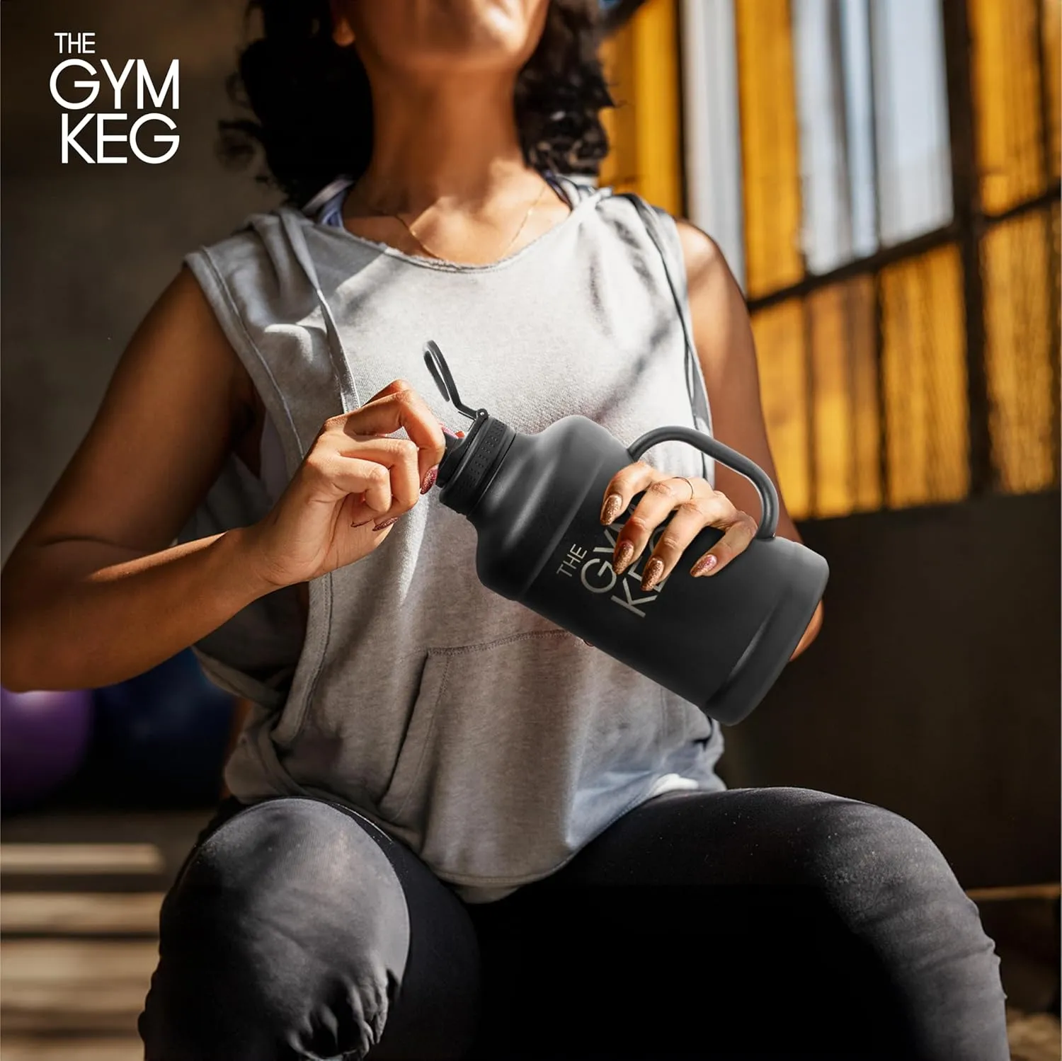 The Gym Keg Insulated Water Bottle - 64 oz Large Capacity - 24 Hrs Cold, 12 Hrs Warm - Wide Mouth - Stainless Steel - Sturdy with Handle - Metal Water Bottle - Black