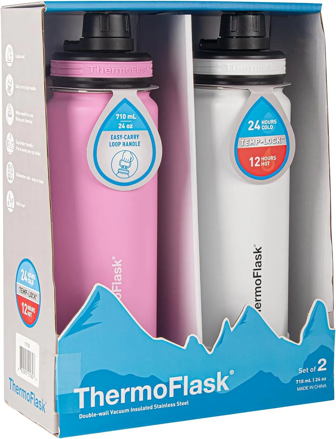ThermoFlask Double Wall Vacuum Insulated Stainless Steel Set of 2 Water Bottles, 24 Ounce, Strawberry / Arctic White