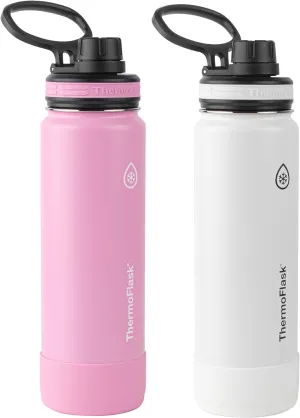 ThermoFlask Double Wall Vacuum Insulated Stainless Steel Set of 2 Water Bottles, 24 Ounce, Strawberry / Arctic White