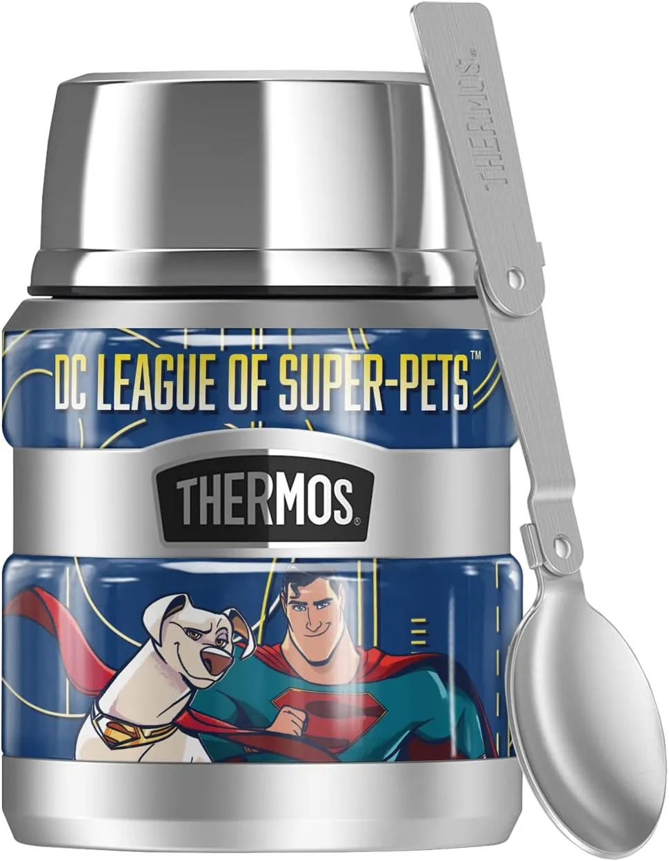 THERMOS Dc League Of Super Pets OFFICIAL Superman And Krypto STAINLESS KING Stainless Steel Food Jar with Folding Spoon, Vacuum insulated & Double Wall, 16oz
