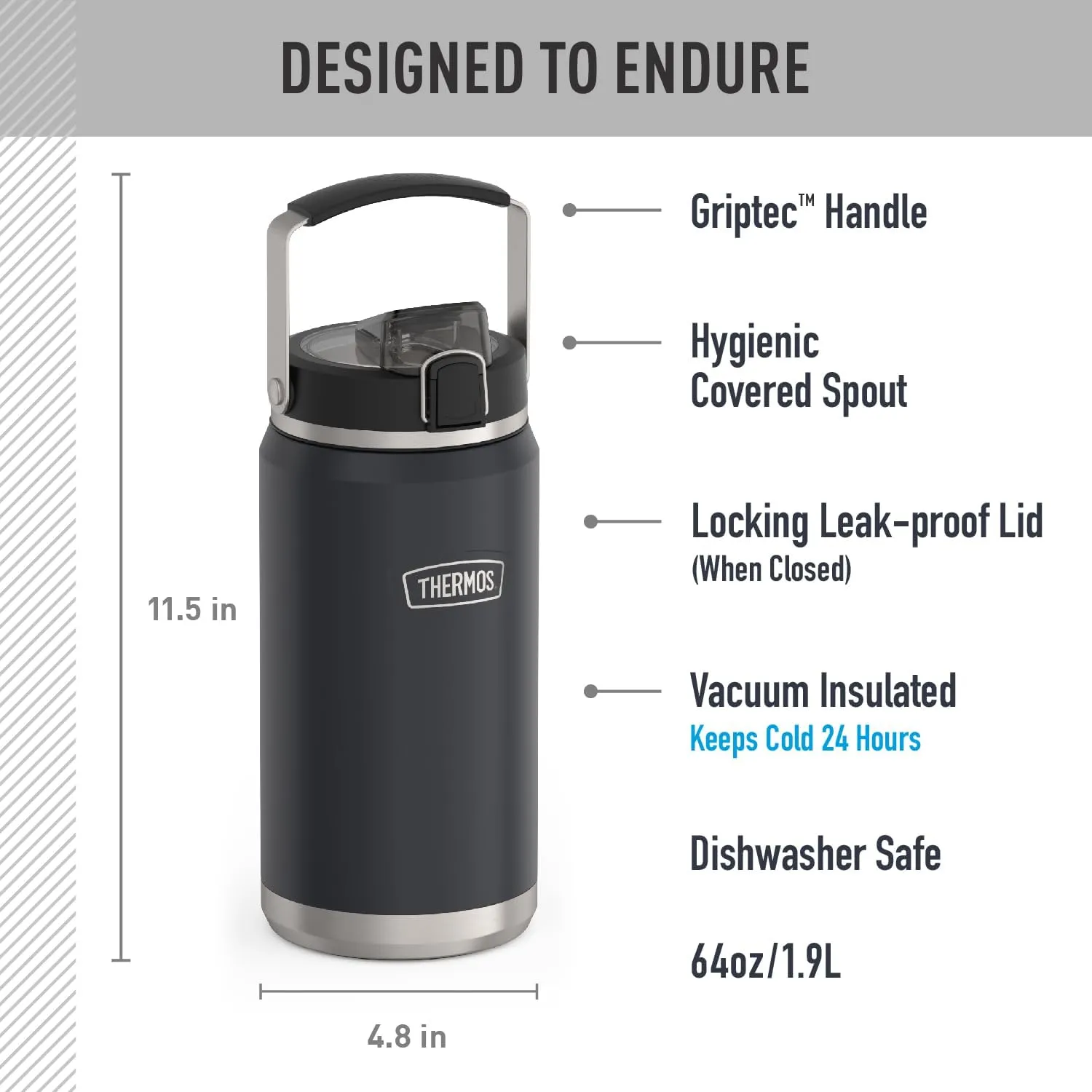 THERMOS ICON SERIES, Stainless Steel Water Bottle with Spout - 64 Ounce, Granite - Vacuum Insulated Water Bottle with Lid