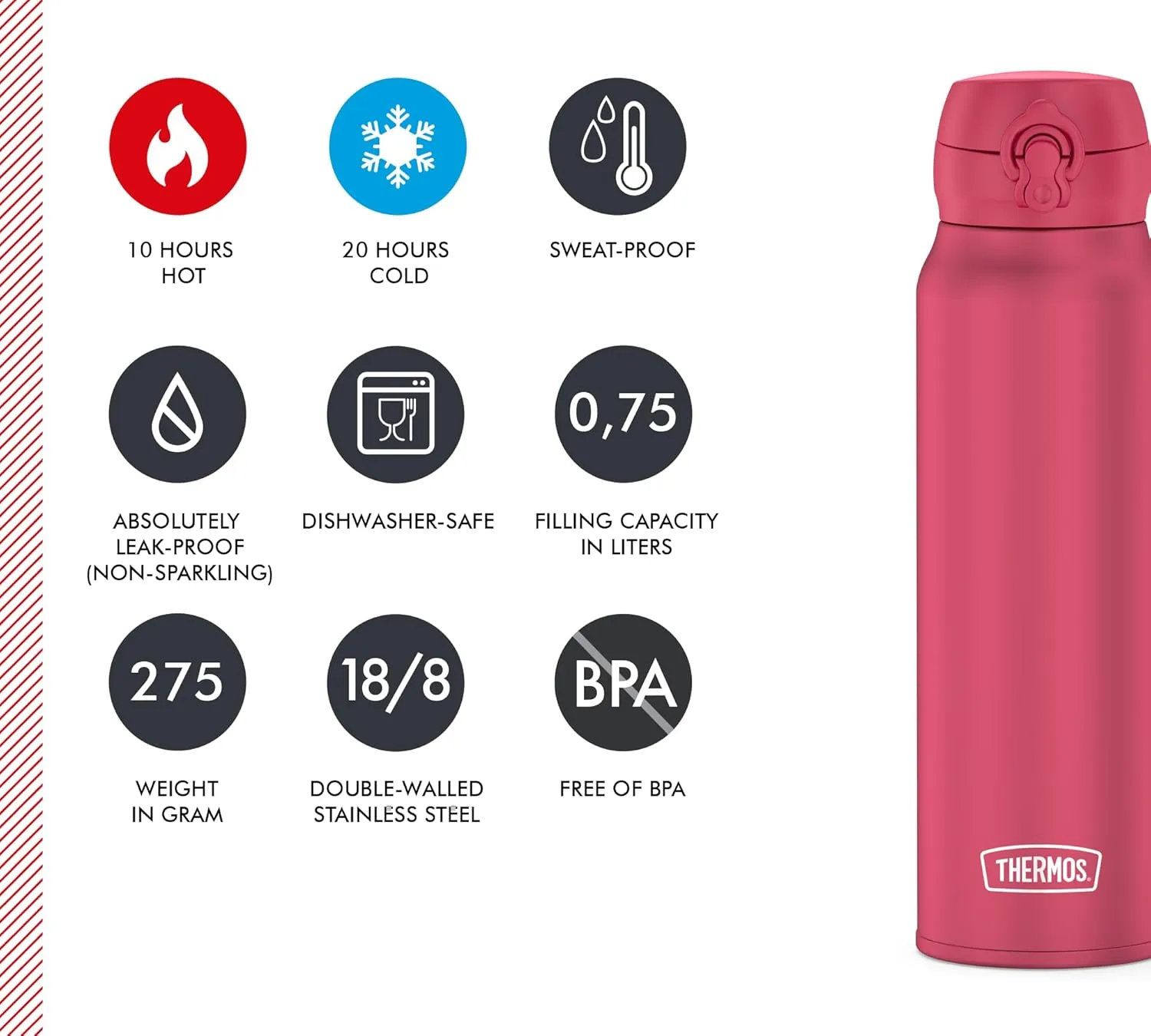 THERMOS ULTRALIGHT BOTTLE 0.75 L, Deep Pink Matt, Stainless Steel Thermos Flask, 10 Hot / 20 Hours Cold, Completely Tight for Water, Tea, Silent Drinks
