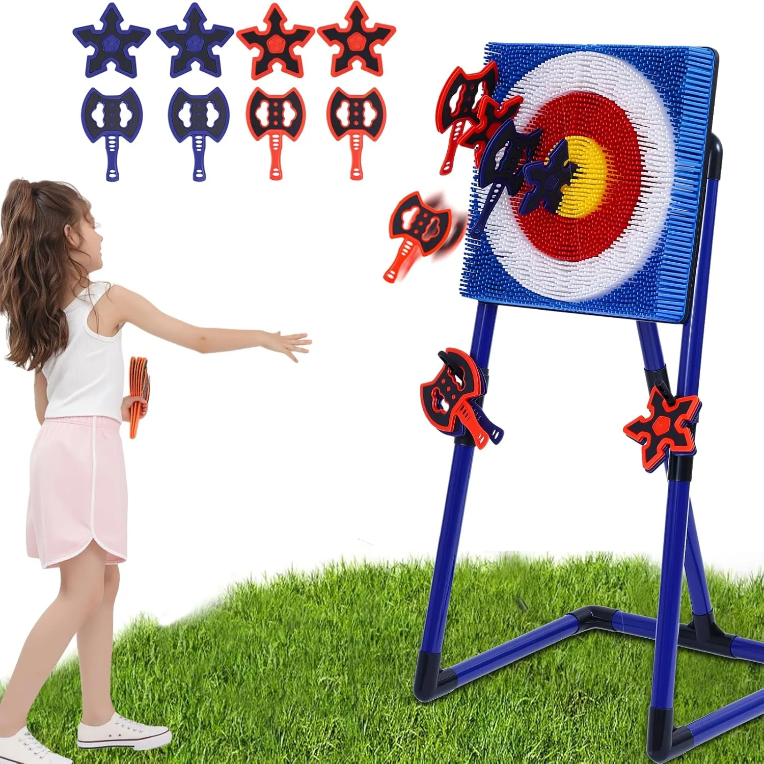 Throwing Axe Game-with 4 Plastic Axes & 4 Throwing Stars,Outdoor Games for Adults and Family,Yard Games