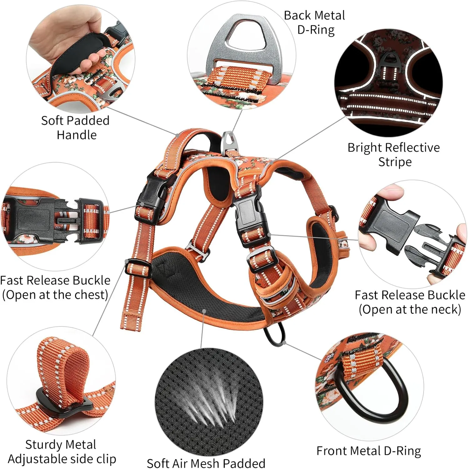 Timos Dog Harness, No Pull Dogs Harness 3 Snap Buckles Adjustable Reflective No Choke Pet Vest for Small Dog with Soft Padded Control Training Handle for Outdoor Training,Flower Orange, S
