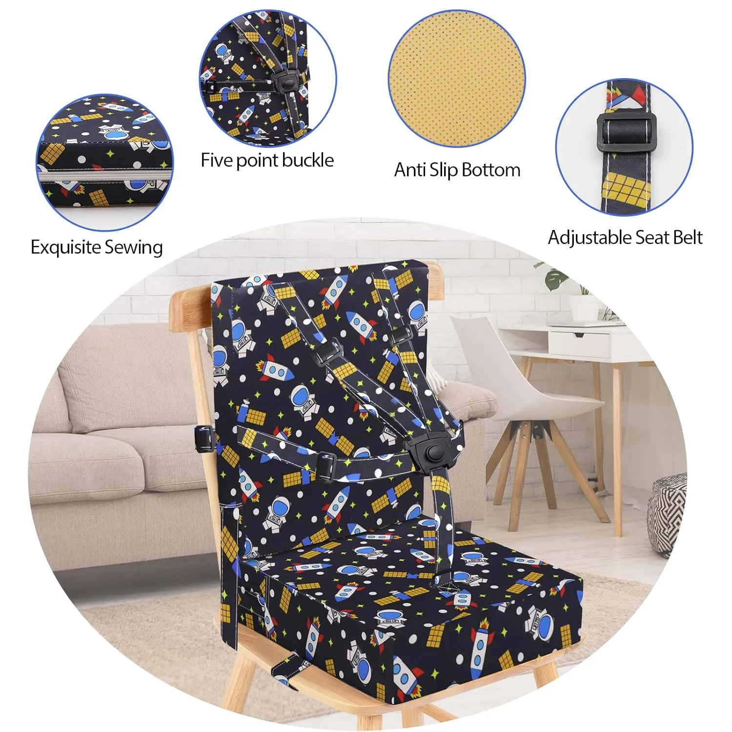 Toddler Booster Seat for Dining Table, Adjustable Safety Buckle Child Booster Seat for Table with Backrest, PU Waterproof Easy Cleaning Portable Booster Seat Non-Slip Bottom Booster Cushion (Black)