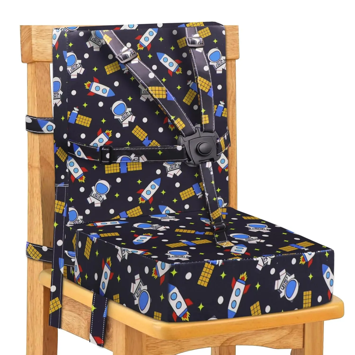Toddler Booster Seat for Dining Table, Adjustable Safety Buckle Child Booster Seat for Table with Backrest, PU Waterproof Easy Cleaning Portable Booster Seat Non-Slip Bottom Booster Cushion (Black)
