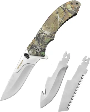 TONIFE Multi-Purpose Folding Knife with Interchangeable Blades, 5Cr15MoV Steel, Aluminum Handle, Camo, Outdoor Survival Knife