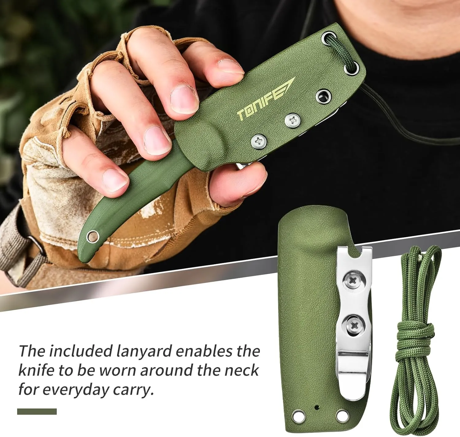 TONIFE Nova 2.68'' Blade Mini Neck Knife Full Tang Fixed Blade Knife with Kydex Sheath and Adjustable Paracord Lanyard for Camping Outdoor Survival Tool (Green Grey Titanium)