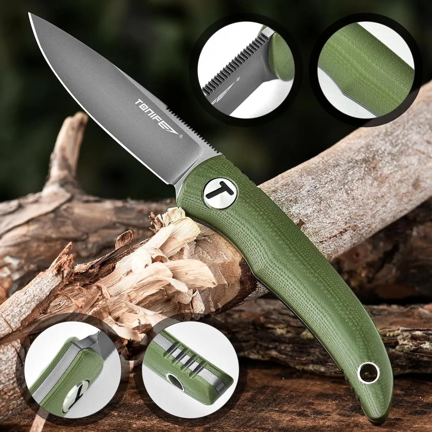 TONIFE Nova 2.68'' Blade Mini Neck Knife Full Tang Fixed Blade Knife with Kydex Sheath and Adjustable Paracord Lanyard for Camping Outdoor Survival Tool (Green Grey Titanium)