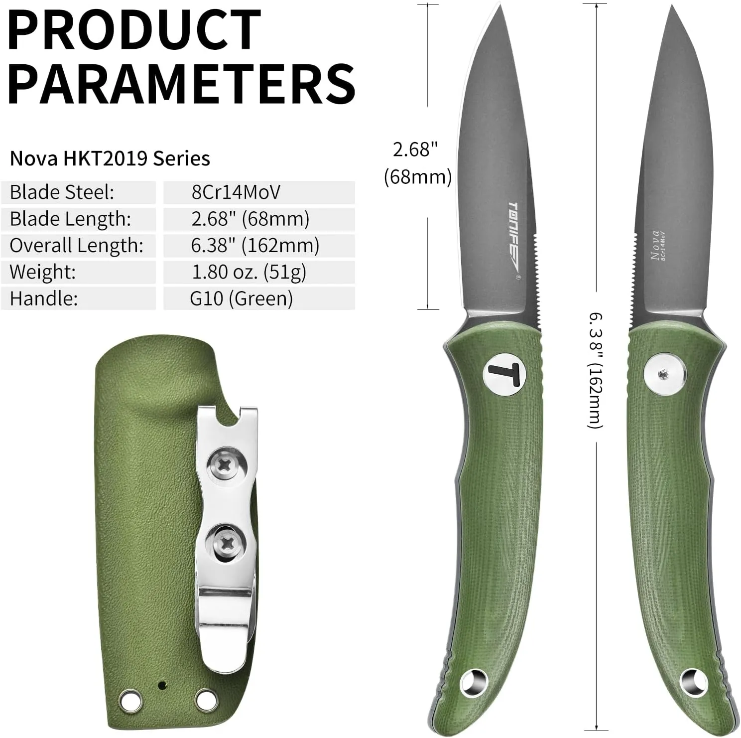 TONIFE Nova 2.68'' Blade Mini Neck Knife Full Tang Fixed Blade Knife with Kydex Sheath and Adjustable Paracord Lanyard for Camping Outdoor Survival Tool (Green Grey Titanium)