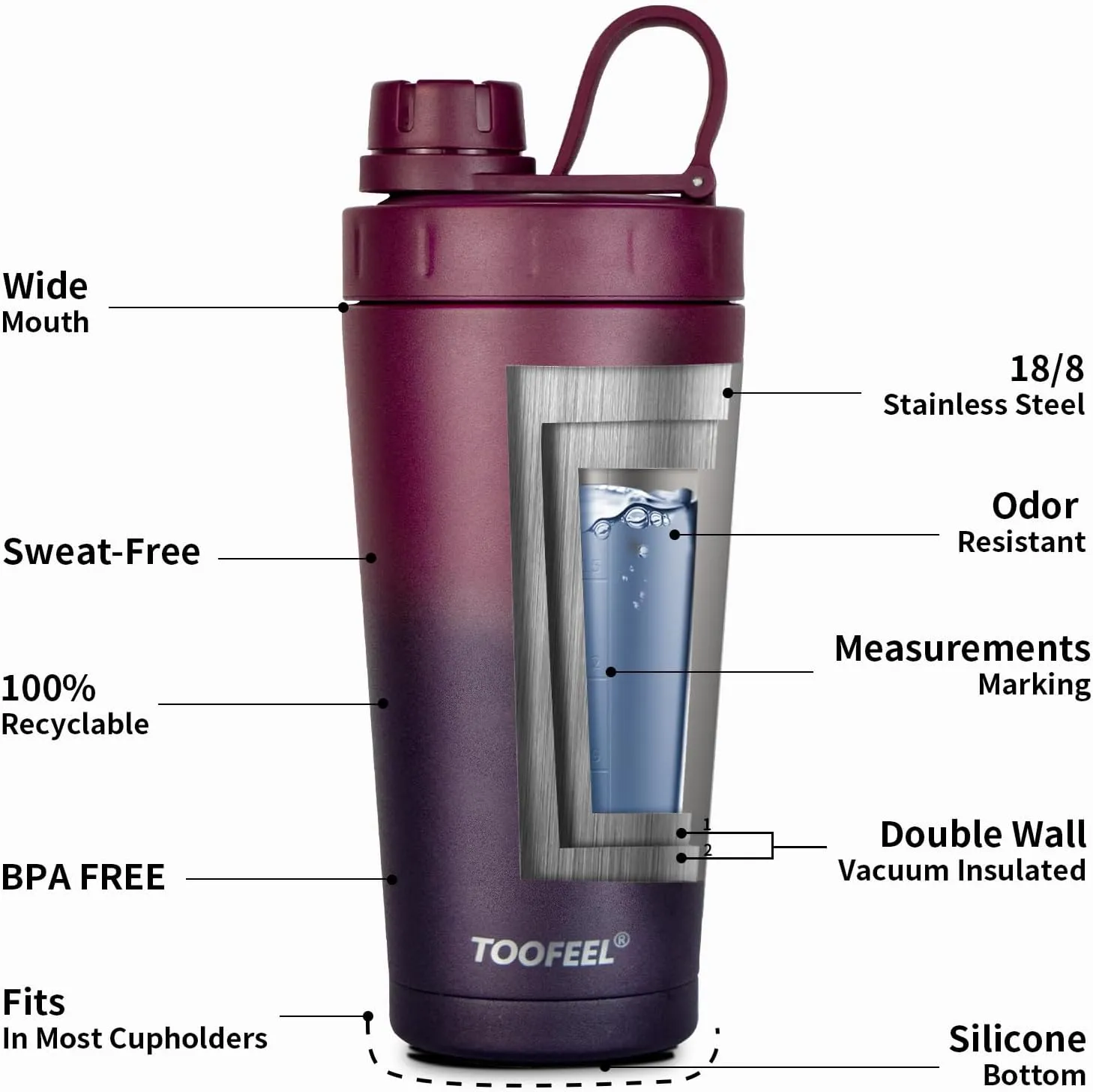 TOOFEEL Stainless Steel Shaker Bottle - 20 oz Double Walled Insulated Protein Shaker Cup, Keeps Cold/Hot for Gym Workout