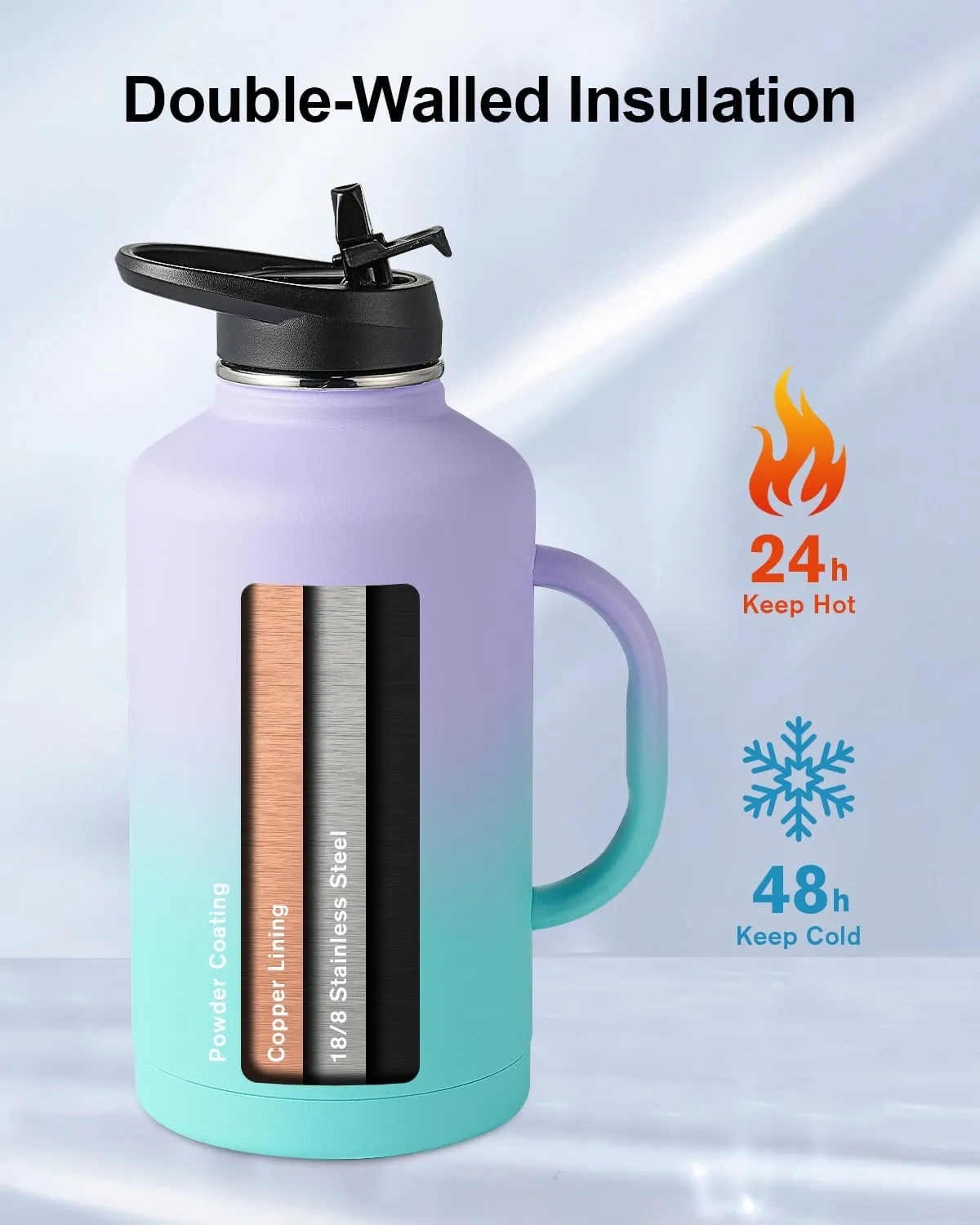 Trebo 64oz Water Bottle Insulated with Straw Lids,Half Gallon Double Wall Vacuum Stainless Steel Metal Large Jug with Handle,Wide Mouth Flask Mug with Carry Pouch,Keep Cold Hot,Ombre: Purple Green