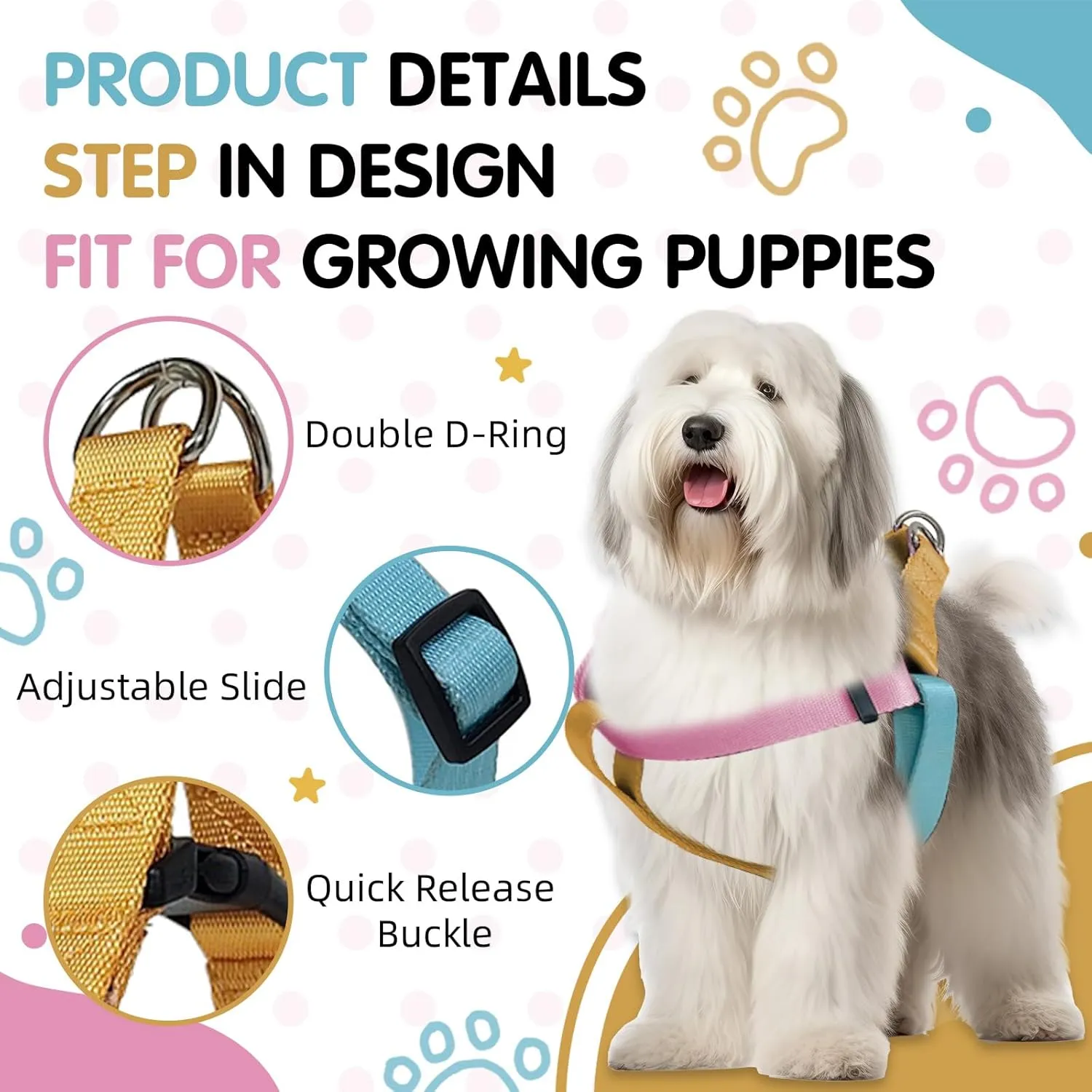 Tri-Color Dog Harness, Adjustable Step-in Design Dog Harness for Large Dogs No Pull, Heavy Duty Puppy Harness, Easy for Walking Dog Harness for Large Dogs, Large Dog Harness Blue Pink