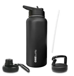 Triple Insulated Water Bottle - Includes 3 Lids (Straw Lid Spout Carabiner) Leakproof - 32 oz Water Bottles Black 1 liter metal water bottle - by ONEbottle